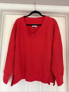 American Eagle Cozy Orange V-Neck Waffle Knit Pullover
